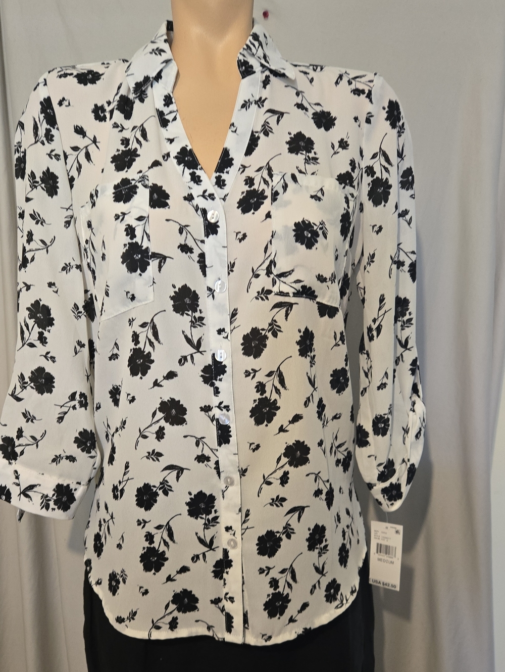 BCX Juniors' Floral-Print Roll-Sleeve Button-Up Blouse, NEW